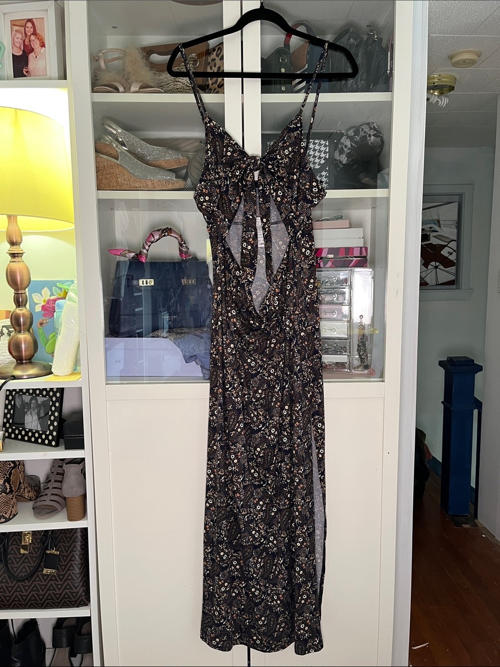 Navy & Brown Paisley Tie-Front Maxi Dress with Cutout